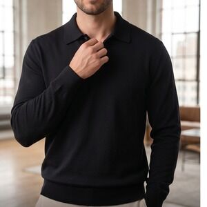 Bernini Mens XL Wool Cashmere Silk Long Sleeve Polo Sweater Black Made‎ in Italy
